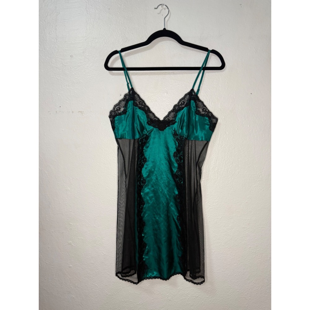 Vtg Frederick's of Hollywood Women's Large Satin Slip Dress Lingerie Green Black